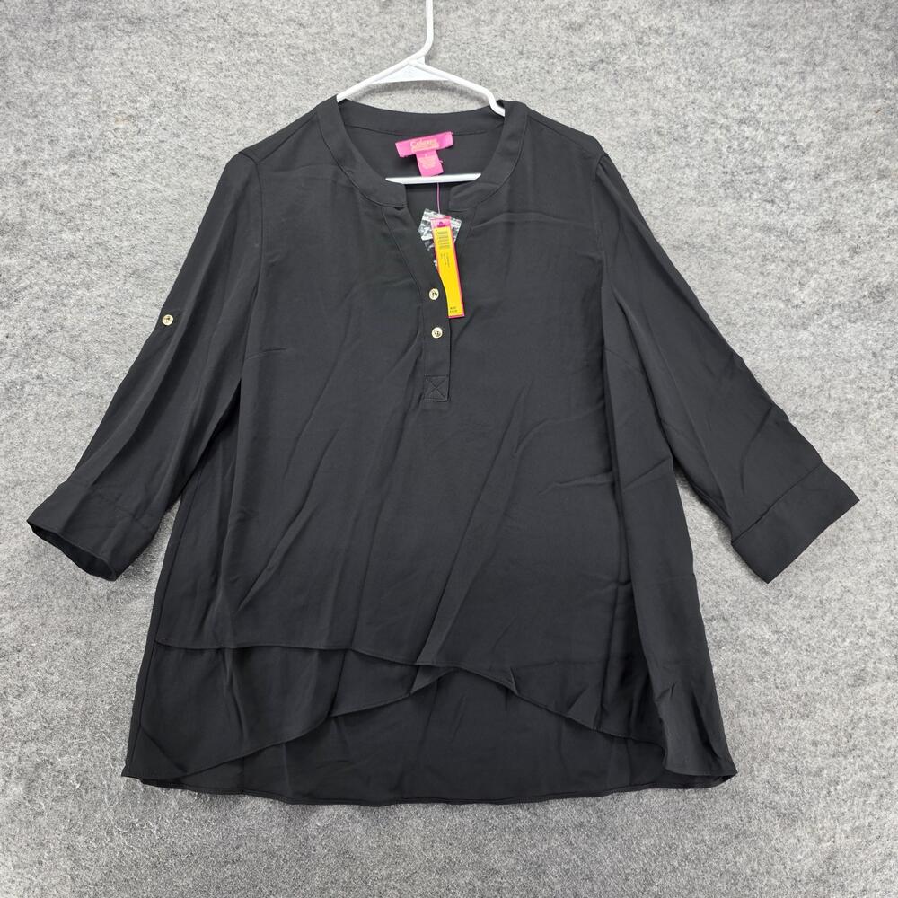Catherine Malandrino Shirt Womens Large Black Layered Tunic Henley Blouse Top